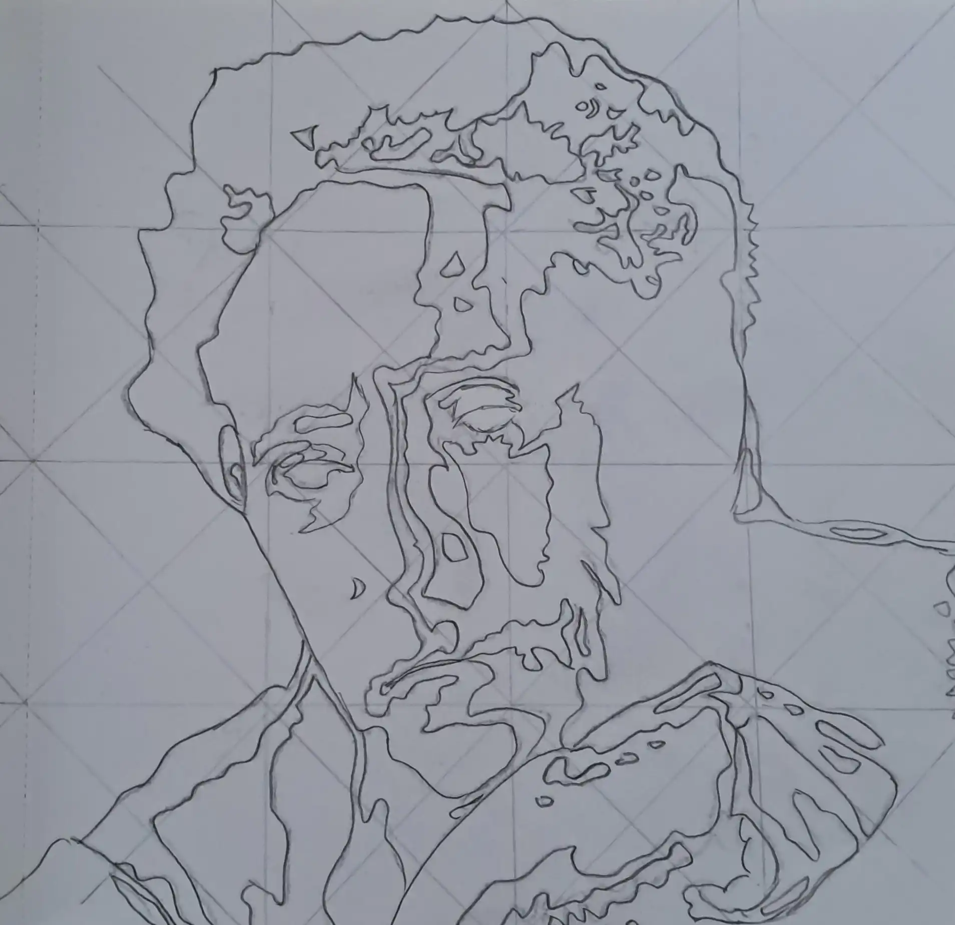 Crayonné du portrait de Jean Cocteau réalisé case par case sur le quadrillage diagonal