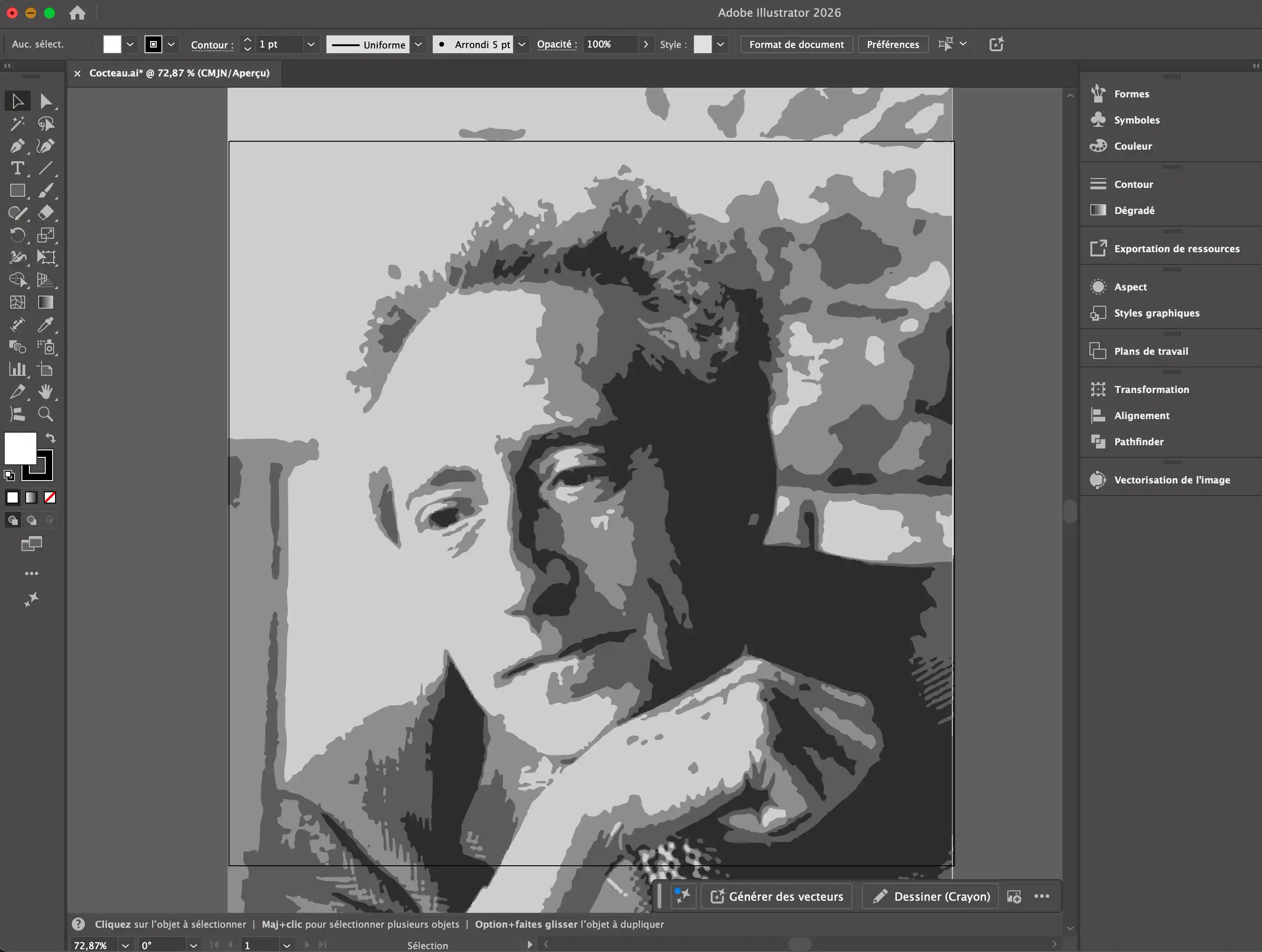 Capture d'écran Illustrator de la vectorisation du portrait de Jean Cocteau en 4 niveaux de gris