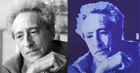 Portrait de Jean Cocteau : photo d'origine et dessin au stylo Bic bleu côte à côte