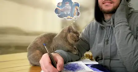 Romy, chatte scottish straight, installée sur le bras de Mikl pendant qu'il dessine au stylo Bic