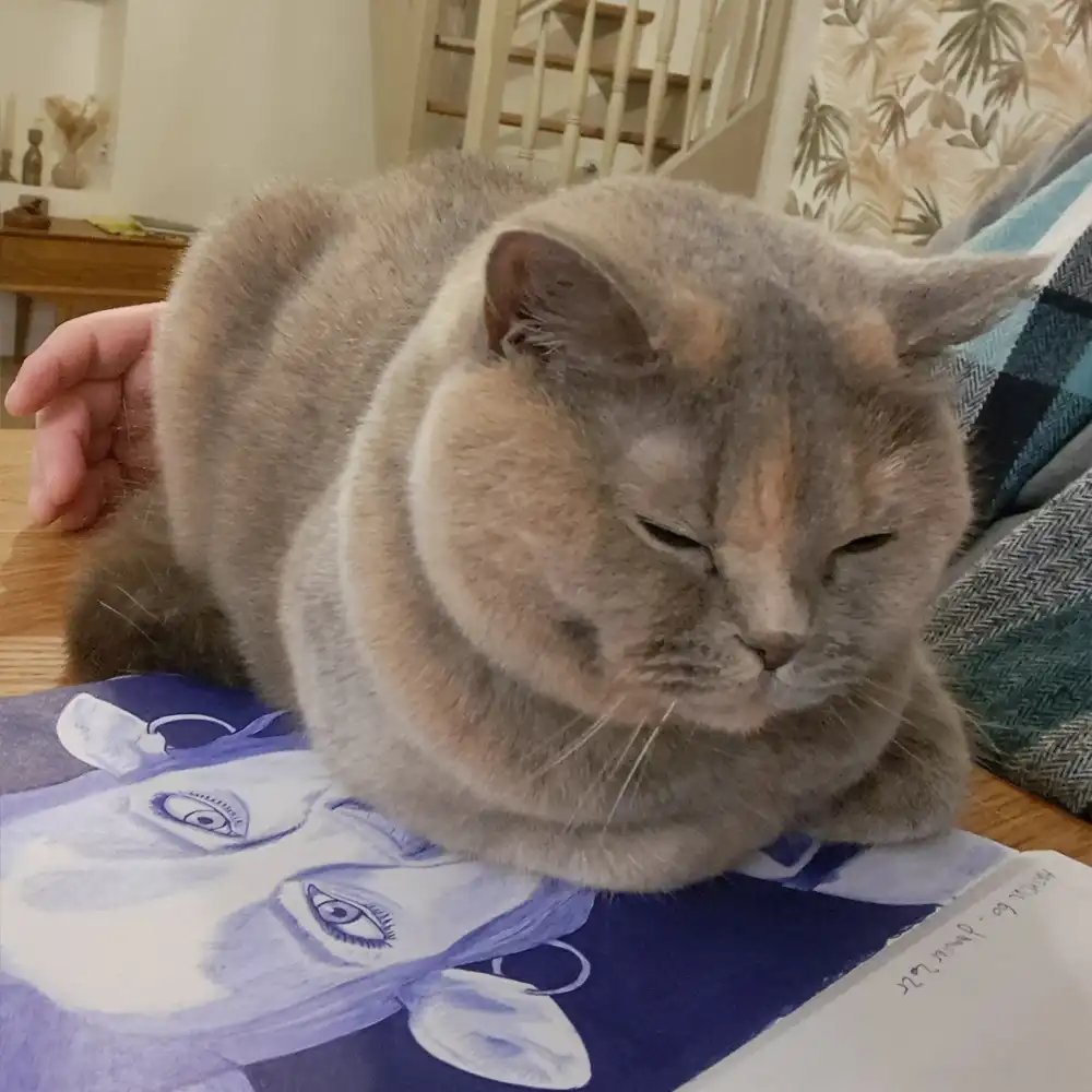 Portrait de Romy à côté d'un dessin au stylo Bic en cours
