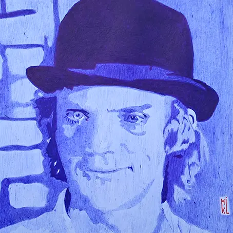 Portrait d'Alex DeLarge -Malcolm Mc Dowell- dans le film Orange Mécanique, au stylo Bic. Format 16 x 16 cm