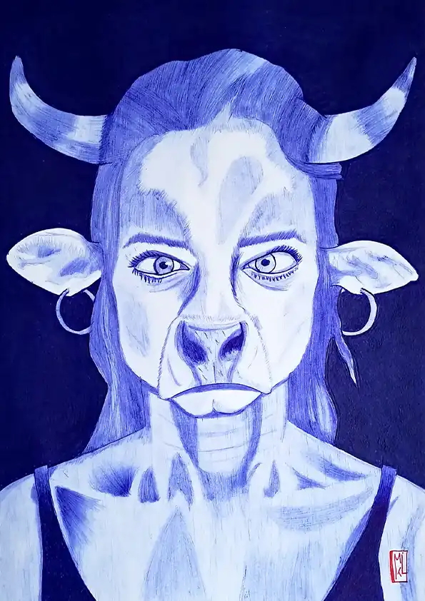 Alvera mi-femme mi-vache - Dessin au stylo Bic