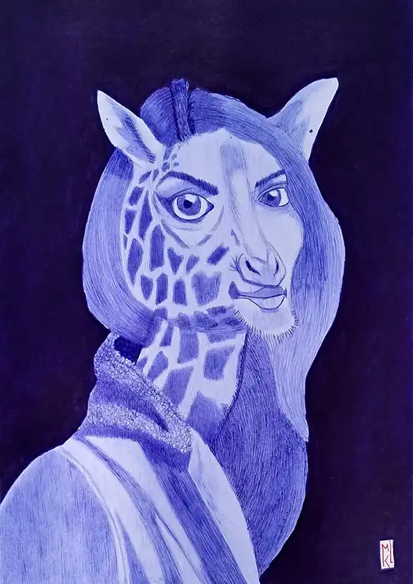 Amarielle mi-femme mi-girafe - Dessin au stylo Bic. Format A4
