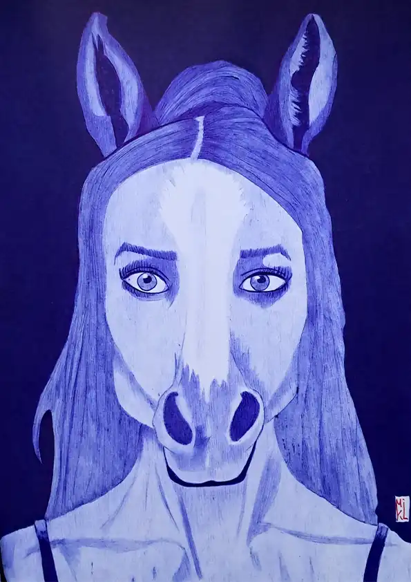 Aurethia mi-femme mi-cheval - Dessin au stylo Bic. Format A4