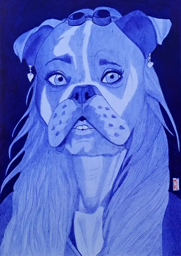Bulma mi-femme mi-bulldog - Dessin au stylo Bic. Format A4