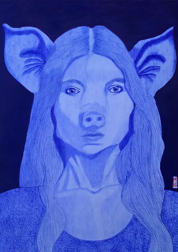Cygrielle mi-femme mi-cochon - Dessin au stylo Bic. Format A4