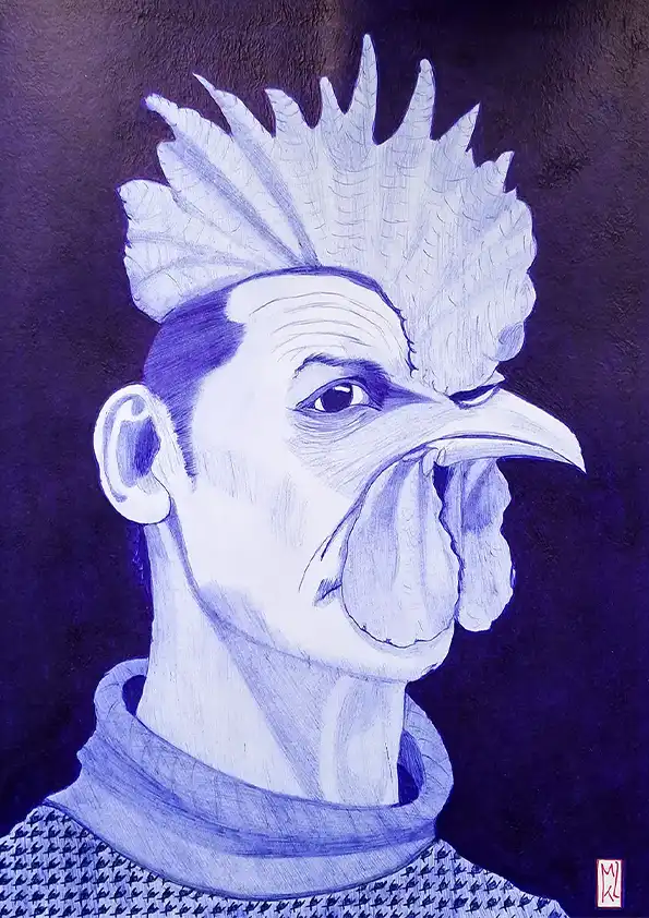 Gallius mi-homme mi-coq - Dessin au stylo Bic