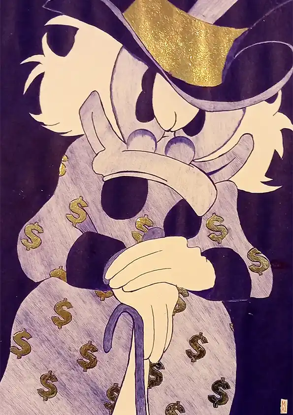 Portrait de Picsou au stylo Bic et à la feuille d'or