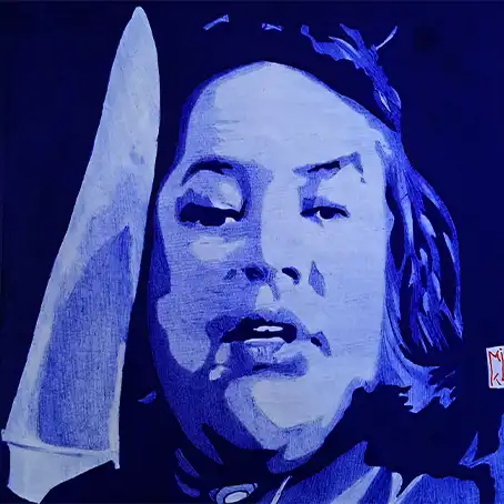 Portrait de Kathy Bates dans le film Misery, au stylo Bic. Format 16 x 16 cm