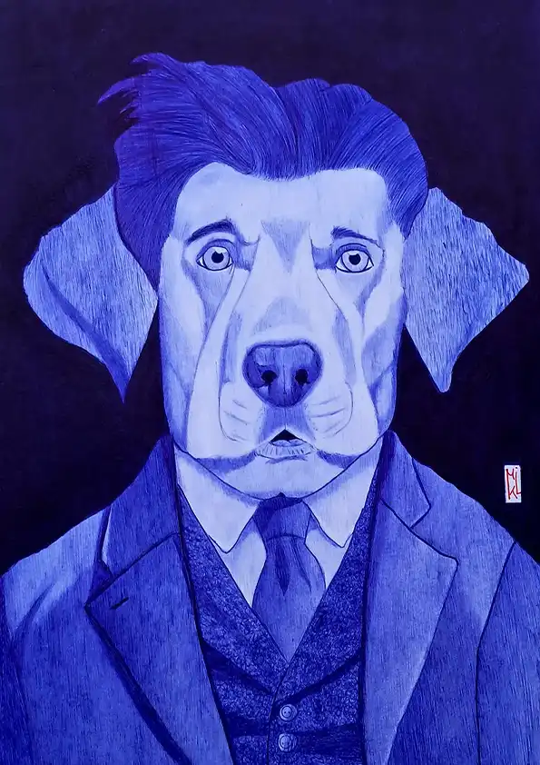 Labrius mi-homme mi-labrador - Dessin au stylo Bic. Format A4