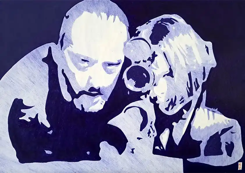 Jean Reno et Nathalie Portmann dans le film Léon - Dessin au stylo Bic